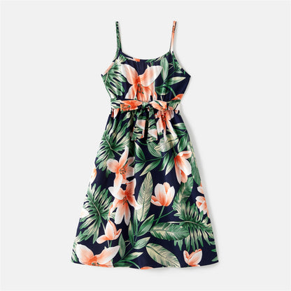 Allover Floral Print Belted Cami Dresses Set