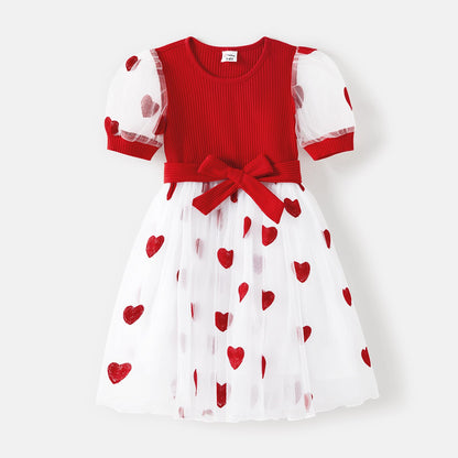 Cotton Ribbed T-shirt & Heart Embroidered Mesh Dress