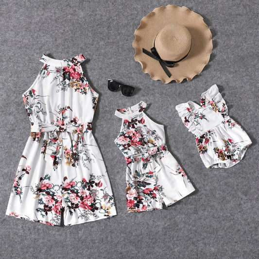 Floral White Belted Romper Shorts