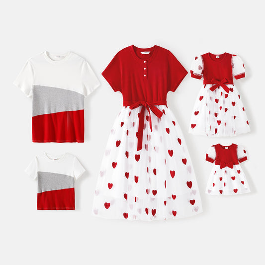 Cotton Ribbed T-shirt & Heart Embroidered Mesh Dress